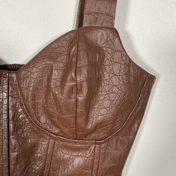 Urban Outfitters OLM Faux Leather Bustier Crop Top M Brown Croc Smocked Corset - Picture 3 of 12